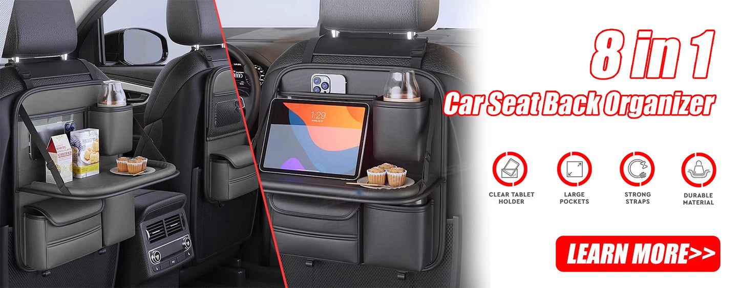 SEAMETAL 7-Pocket Car Seat Back Storage Bag PU Leather All in One Hanging Car Organizer Cup Holder Tissue Holder Anti Kick Pad