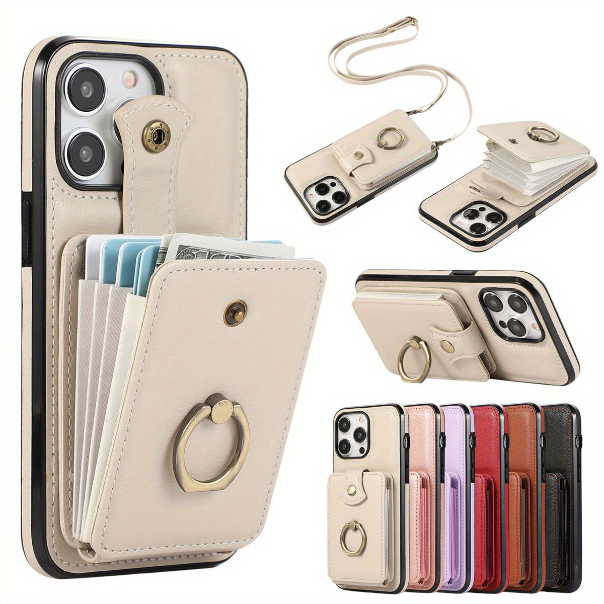 CX Organ Finger Ring Holder (Short Rope+Long Rope) for iPhone 16/15/14/13/12/11 Pro Max SE 2020/SE 2022/X/XS/XR/XS Max 16 Plus 15 Plus 14 Plus 7 8 Plus Case Wallet with Card Holder, 360°Rotation Finger Ring Holder Kickstand,