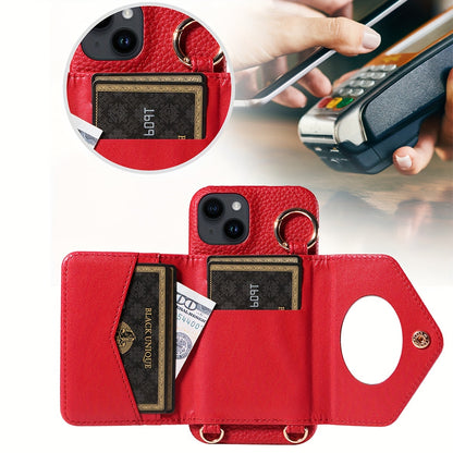 iPhone 15/14 Plus/13/12/11 Pro Max Chic Faux Leather Case - Crossbody Lanyard & Mirror - Shockproof Protective Cover for Daily Use