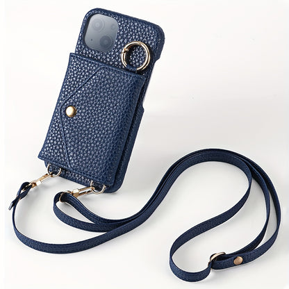 iPhone 15/14 Plus/13/12/11 Pro Max Chic Faux Leather Case - Crossbody Lanyard & Mirror - Shockproof Protective Cover for Daily Use