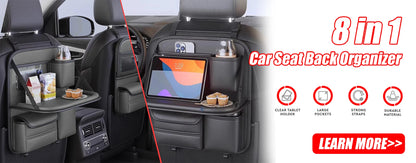 SEAMETAL 7-Pocket Car Seat Back Storage Bag PU Leather All in One Hanging Car Organizer Cup Holder Tissue Holder Anti Kick Pad