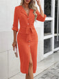 Casual Women's Shirt Dress Solid Color Lapel Button Cinched Waist Strap Temperament Slit Dress