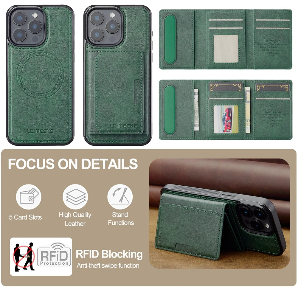 2 in 1 Magnetic Wallet Leather Case For iPhone 16 Pro Max 15 Plus Magsafe Phone Cover Fold Cards bag Kickstand