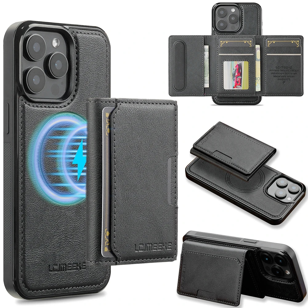 2 in 1 Magnetic Wallet Leather Case For iPhone 16 Pro Max 15 Plus Magsafe Phone Cover Fold Cards bag Kickstand