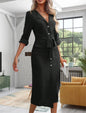 Casual Women's Shirt Dress Solid Color Lapel Button Cinched Waist Strap Temperament Slit Dress