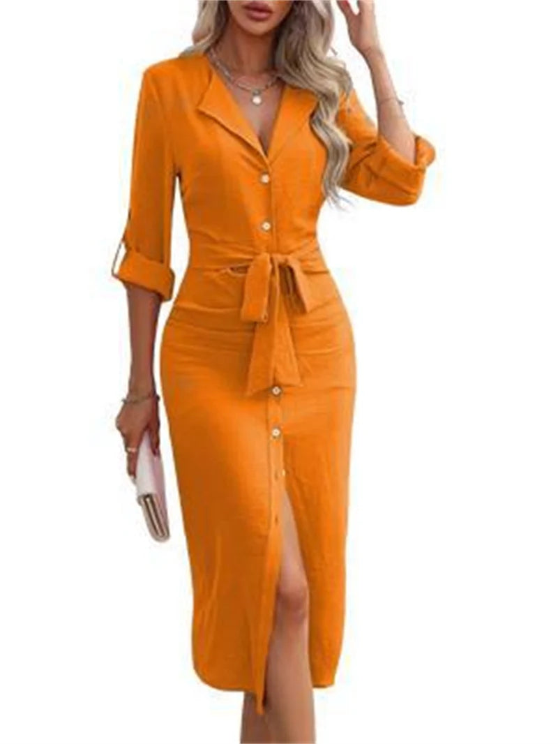 Casual Women's Shirt Dress Solid Color Lapel Button Cinched Waist Strap Temperament Slit Dress