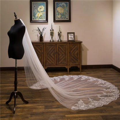 Wedding Veil Lace Edge Long Luxurious Bridal Veil Applique Sequins White/Ivory Veil With Comb Cathedral One-Layer 3Meters