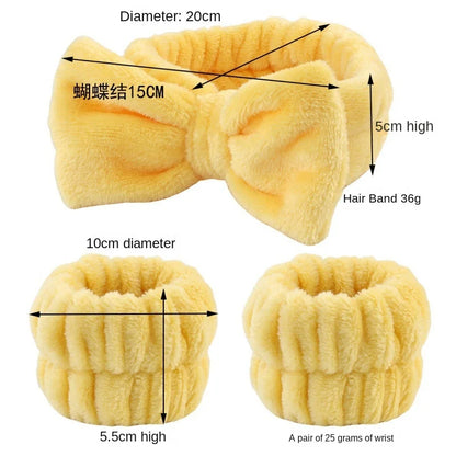 3Pcs Bow Headband Wristband Set Towel Elastic Soft Washing Face Shower Make Up Yoga Sports Skincare Headband For Women Girls