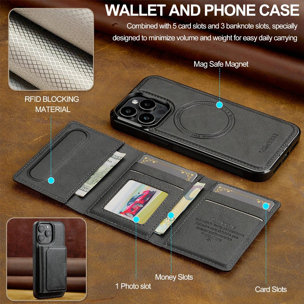 2 in 1 Magnetic Wallet Leather Case For iPhone 16 Pro Max 15 Plus Magsafe Phone Cover Fold Cards bag Kickstand