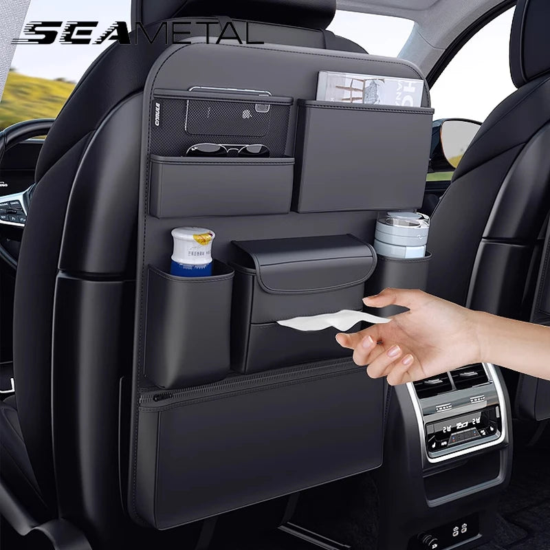 SEAMETAL 7-Pocket Car Seat Back Storage Bag PU Leather All in One Hanging Car Organizer Cup Holder Tissue Holder Anti Kick Pad