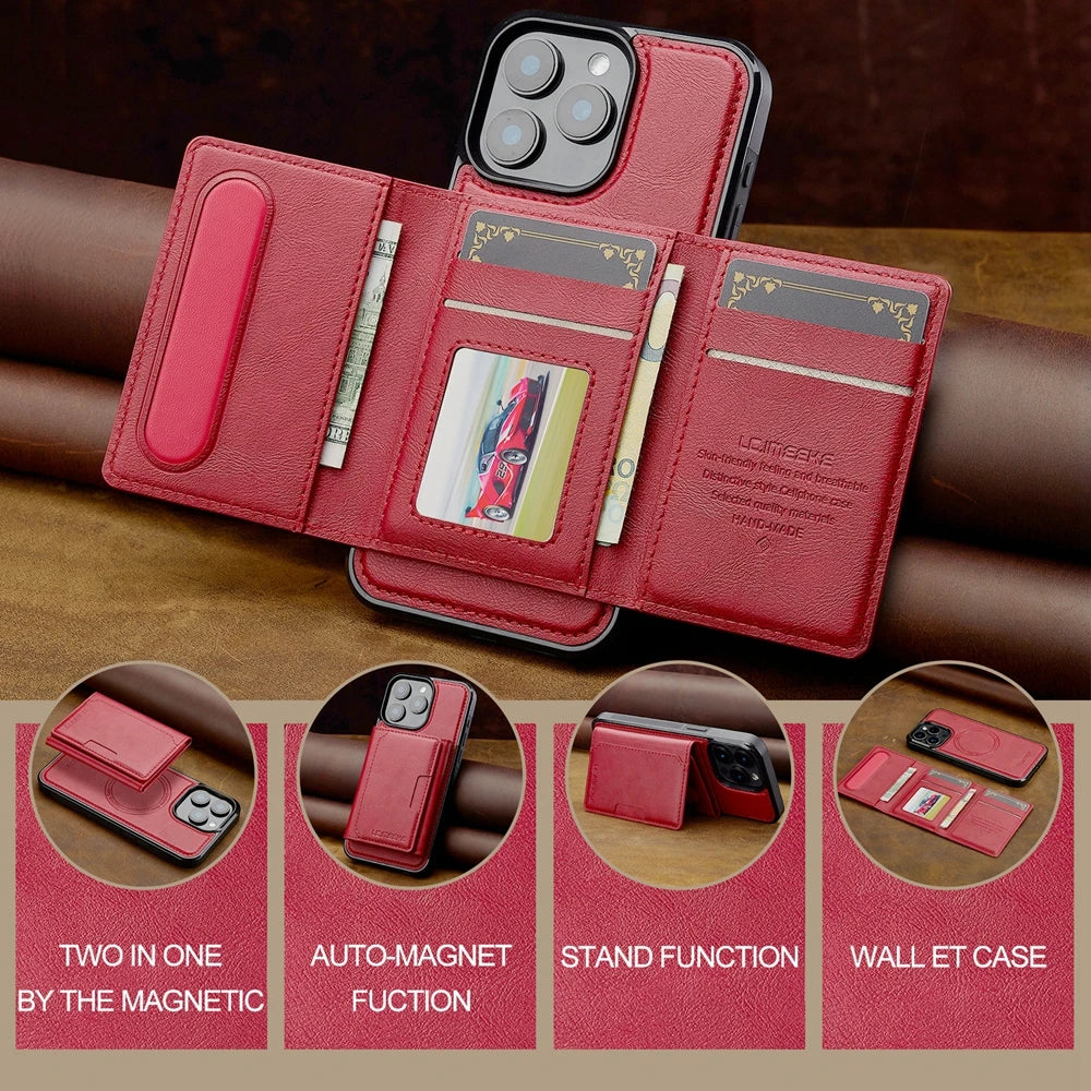 2 in 1 Magnetic Wallet Leather Case For iPhone 16 Pro Max 15 Plus Magsafe Phone Cover Fold Cards bag Kickstand