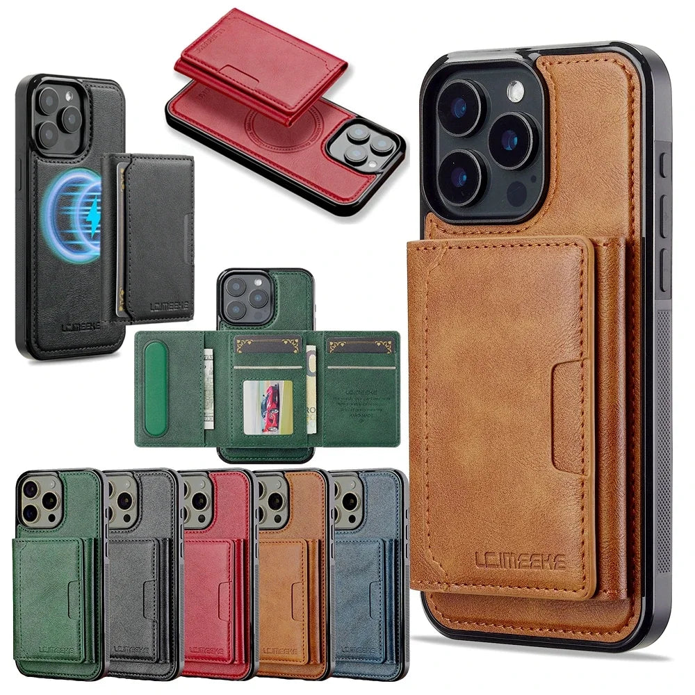 2 in 1 Magnetic Wallet Leather Case For iPhone 16 Pro Max 15 Plus Magsafe Phone Cover Fold Cards bag Kickstand