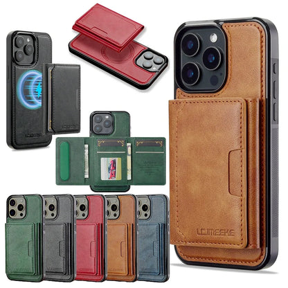 2 in 1 Magnetic Wallet Leather Case For iPhone 16 Pro Max 15 Plus Magsafe Phone Cover Fold Cards bag Kickstand