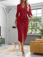 Casual Women's Shirt Dress Solid Color Lapel Button Cinched Waist Strap Temperament Slit Dress