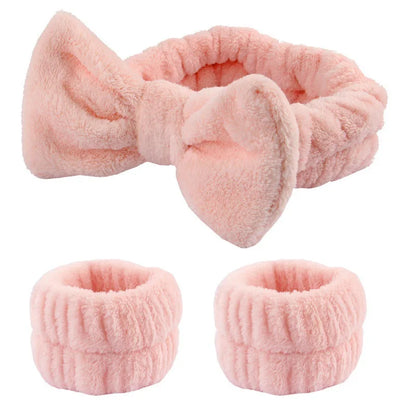3Pcs Bow Headband Wristband Set Towel Elastic Soft Washing Face Shower Make Up Yoga Sports Skincare Headband For Women Girls