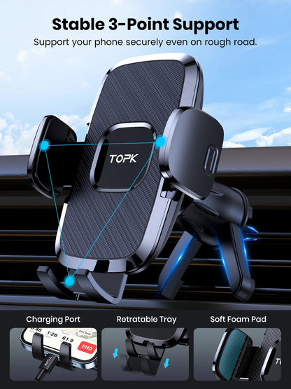 TOPK Car Phone Holder Air Vent Car Phone Mount Upgrade Hook Clip Gravity,Aluminum Car Cradle for iPhone 15 14 13 12 11 Pro Max