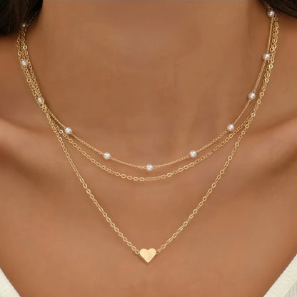 LATS Simple Pearl Choker Necklaces for Women Fashion Double Layer Chain Small Love Heart Pendant Necklace Jewelry Gift Wholesale