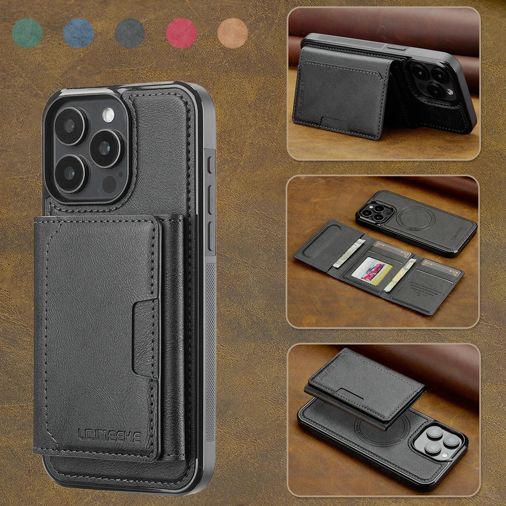 2 in 1 Magnetic Wallet Leather Case For iPhone 16 Pro Max 15 Plus Magsafe Phone Cover Fold Cards bag Kickstand