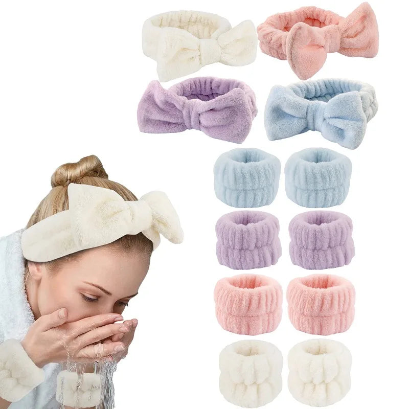 3Pcs Bow Headband Wristband Set Towel Elastic Soft Washing Face Shower Make Up Yoga Sports Skincare Headband For Women Girls