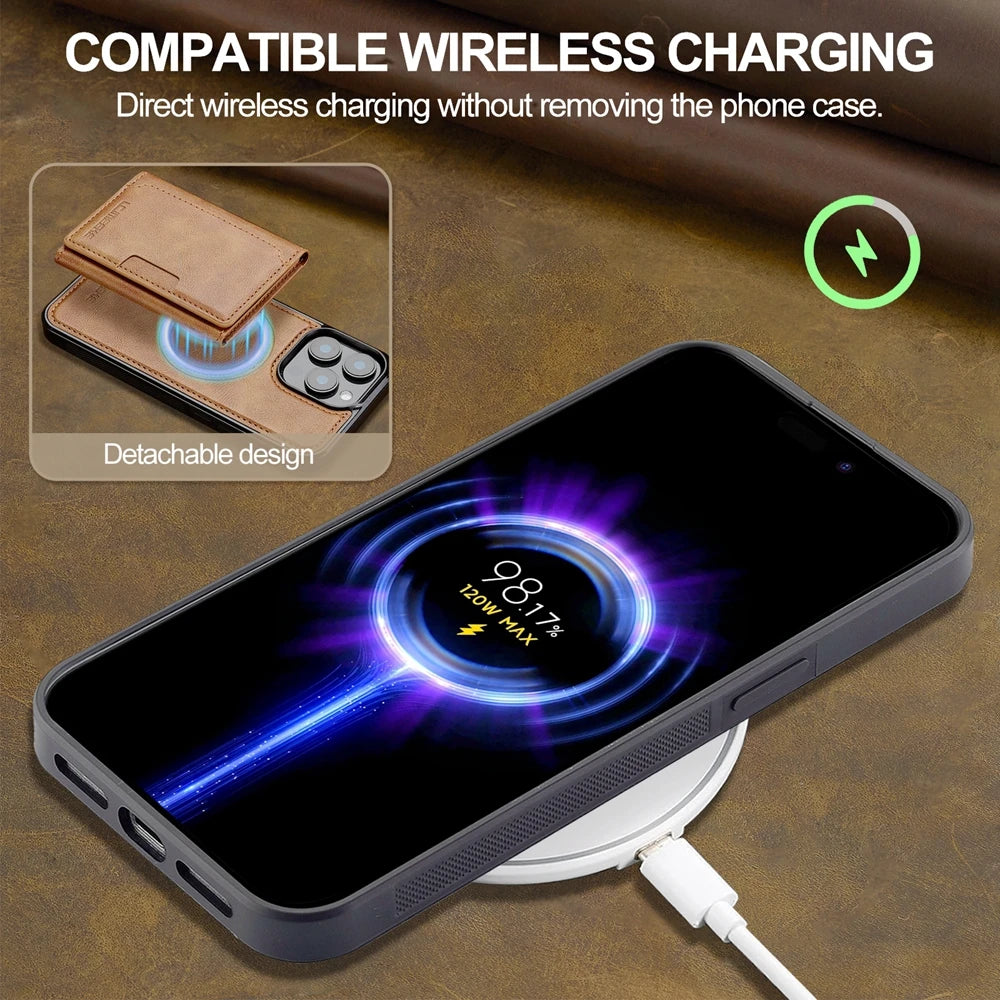 2 in 1 Magnetic Wallet Leather Case For iPhone 16 Pro Max 15 Plus Magsafe Phone Cover Fold Cards bag Kickstand