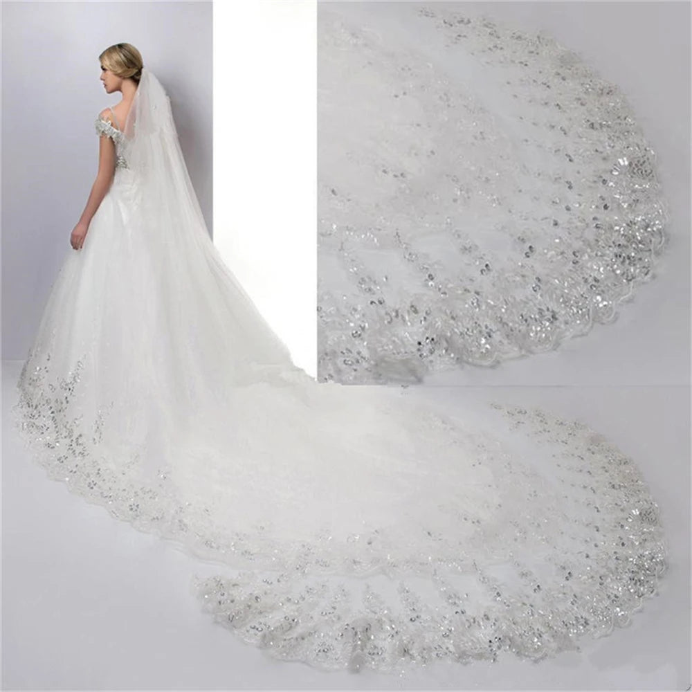 Wedding Veil Lace Edge Long Luxurious Bridal Veil Applique Sequins White/Ivory Veil With Comb Cathedral One-Layer 3Meters