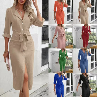 Casual Women's Shirt Dress Solid Color Lapel Button Cinched Waist Strap Temperament Slit Dress