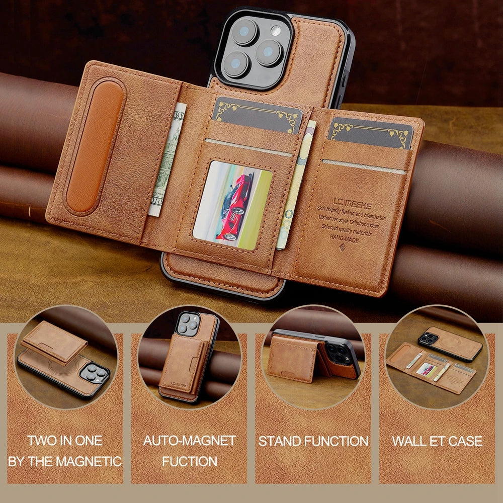 2 in 1 Magnetic Wallet Leather Case For iPhone 16 Pro Max 15 Plus Magsafe Phone Cover Fold Cards bag Kickstand