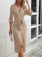 Casual Women's Shirt Dress Solid Color Lapel Button Cinched Waist Strap Temperament Slit Dress