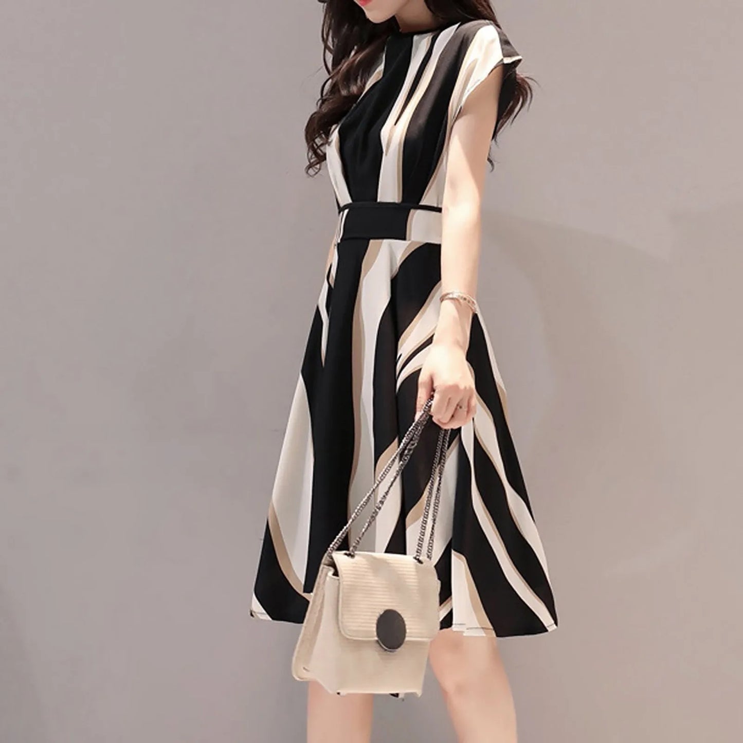 Women's Dress Fashion Business Dress Belt O-Neck Short Sleeve Knee Length Dress