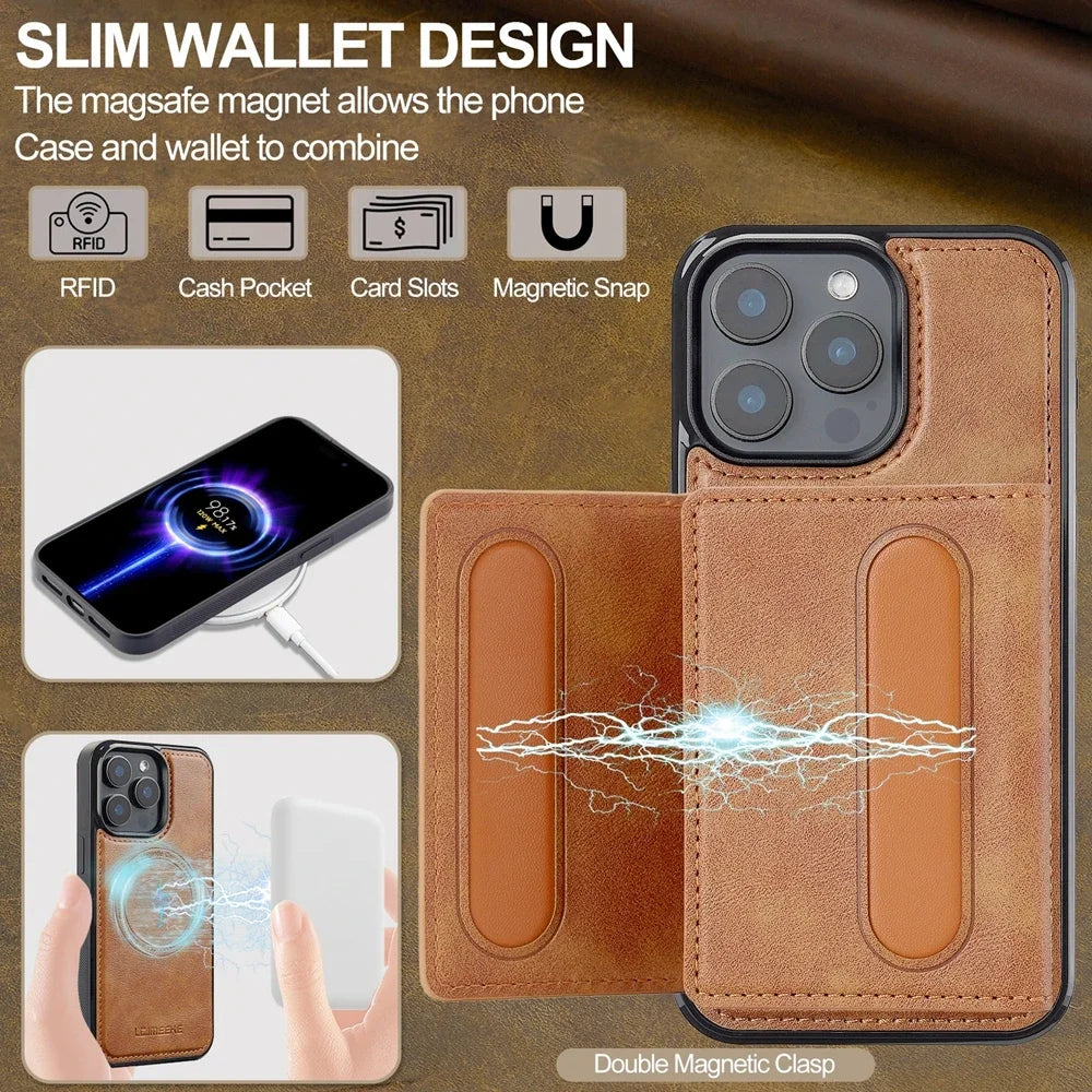 2 in 1 Magnetic Wallet Leather Case For iPhone 16 Pro Max 15 Plus Magsafe Phone Cover Fold Cards bag Kickstand