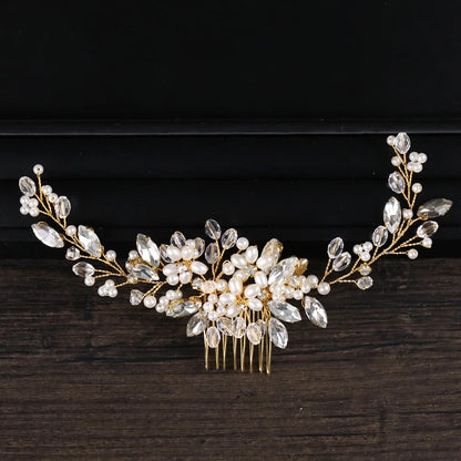 Trendy Gold Pearl Crystal Bridal Hair Comb Hair Accessories Wedding Bridal Headpiece Hair ornaments Bride Women Hair Jewelry