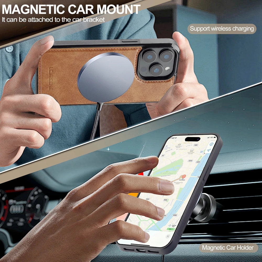 2 in 1 Magnetic Wallet Leather Case For iPhone 16 Pro Max 15 Plus Magsafe Phone Cover Fold Cards bag Kickstand