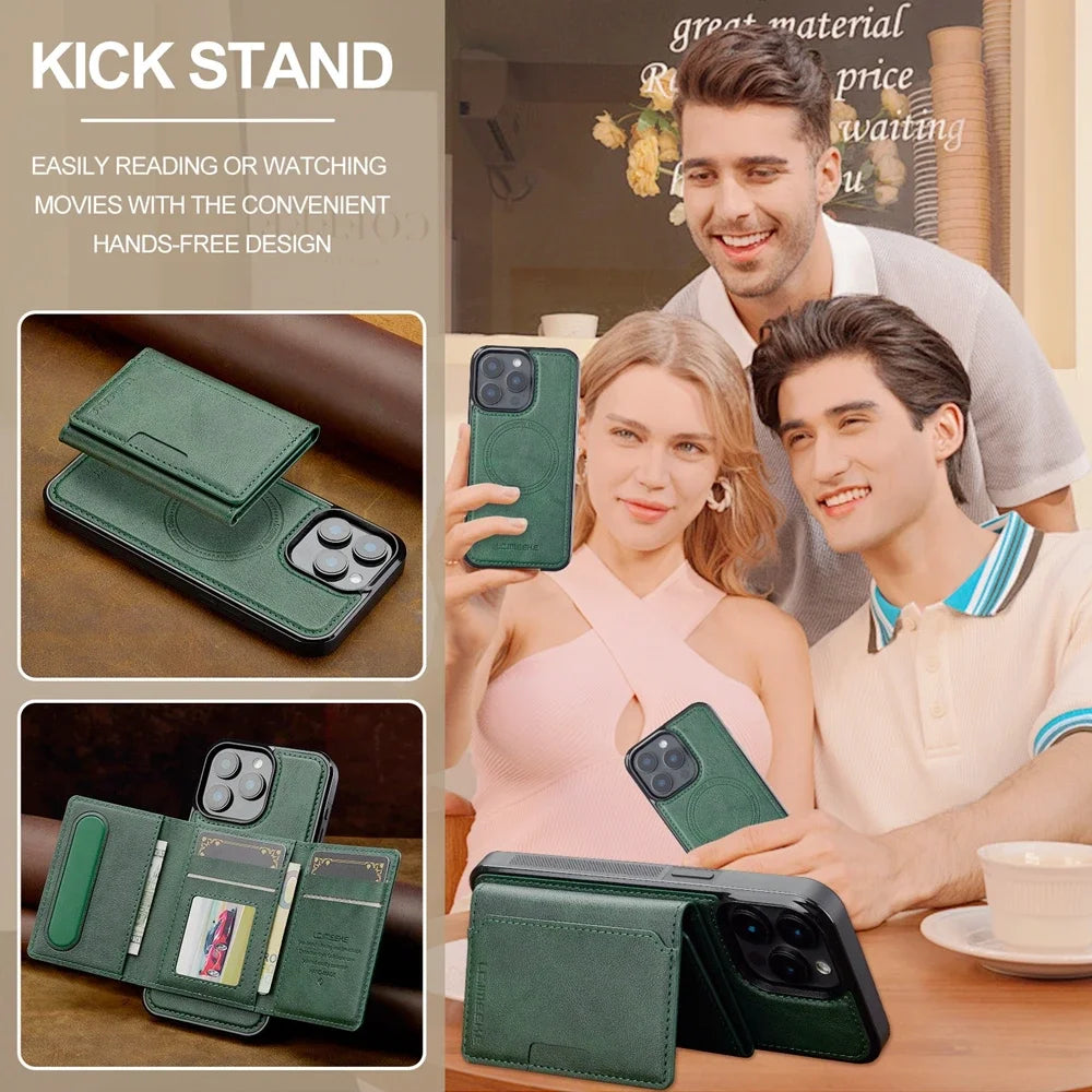 2 in 1 Magnetic Wallet Leather Case For iPhone 16 Pro Max 15 Plus Magsafe Phone Cover Fold Cards bag Kickstand