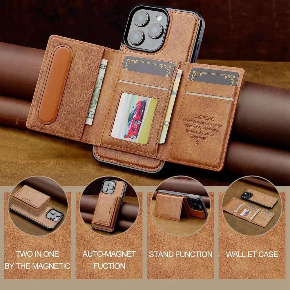 2 in 1 Magnetic Wallet Leather Case For iPhone 16 Pro Max 15 Plus Magsafe Phone Cover Fold Cards bag Kickstand