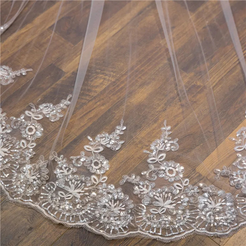 Wedding Veil Lace Edge Long Luxurious Bridal Veil Applique Sequins White/Ivory Veil With Comb Cathedral One-Layer 3Meters