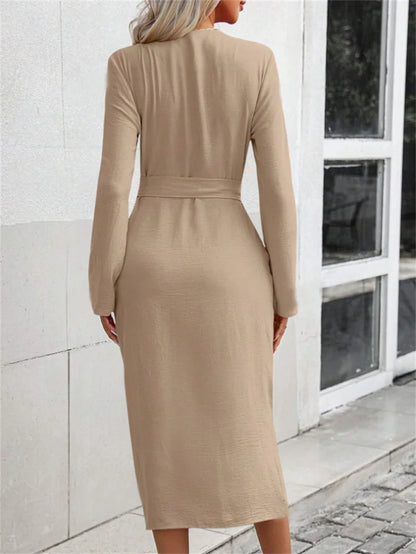 Casual Women's Shirt Dress Solid Color Lapel Button Cinched Waist Strap Temperament Slit Dress