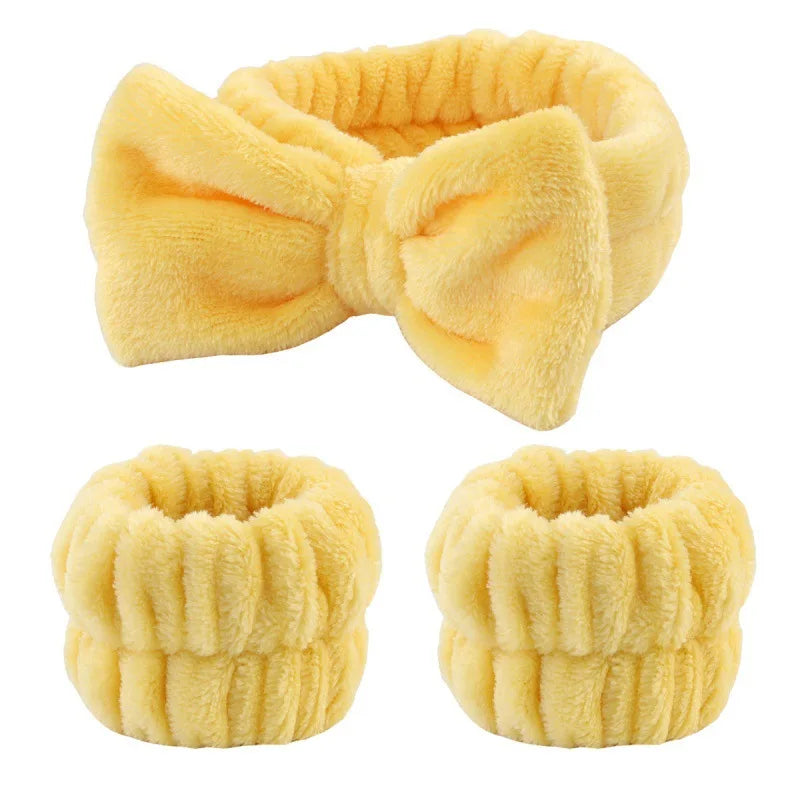 3Pcs Bow Headband Wristband Set Towel Elastic Soft Washing Face Shower Make Up Yoga Sports Skincare Headband For Women Girls