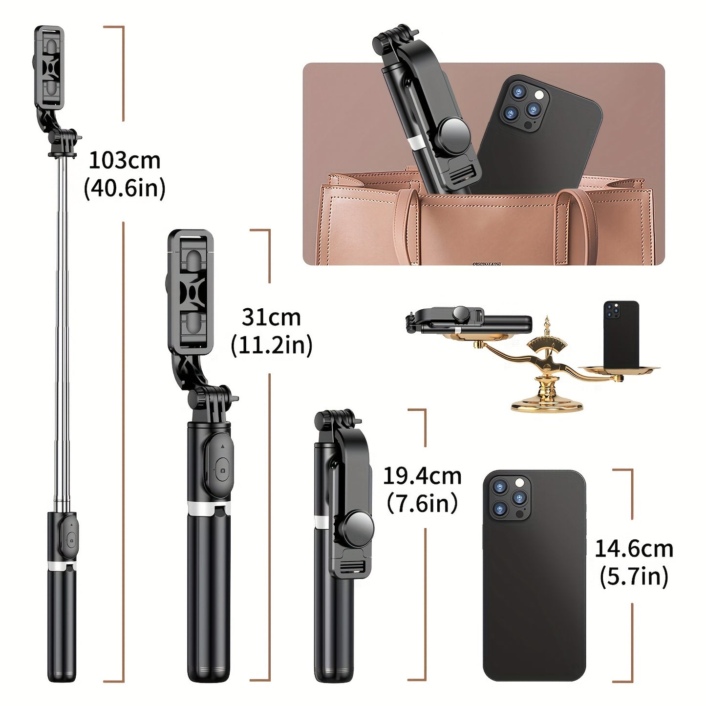 40" Cell Phone Selfie Stick Tripod, Extendable Selfie Stick All-in-1 Smartphone Tripod Stand With Wireless Remote 360°Rotation For IPhone 14/13/12/12 Pro/11/11 Pro/XS/XR/X/8/7 Plus, For Samsung, Google, LG, Sony Smartphones